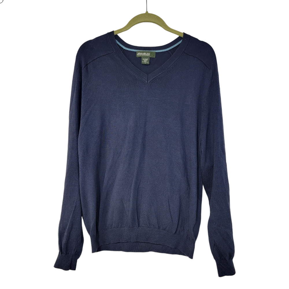 Eddie Bauer Mens Supima Cotton V-Neck Pullover Sweater Navy Blue Size Medium